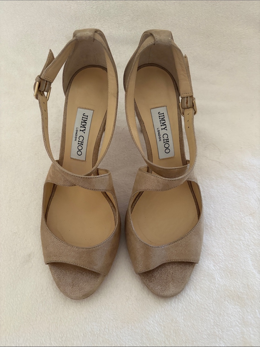 Jimmy Choo Metallic Nude/Tan Suede Cross-Strap Heels